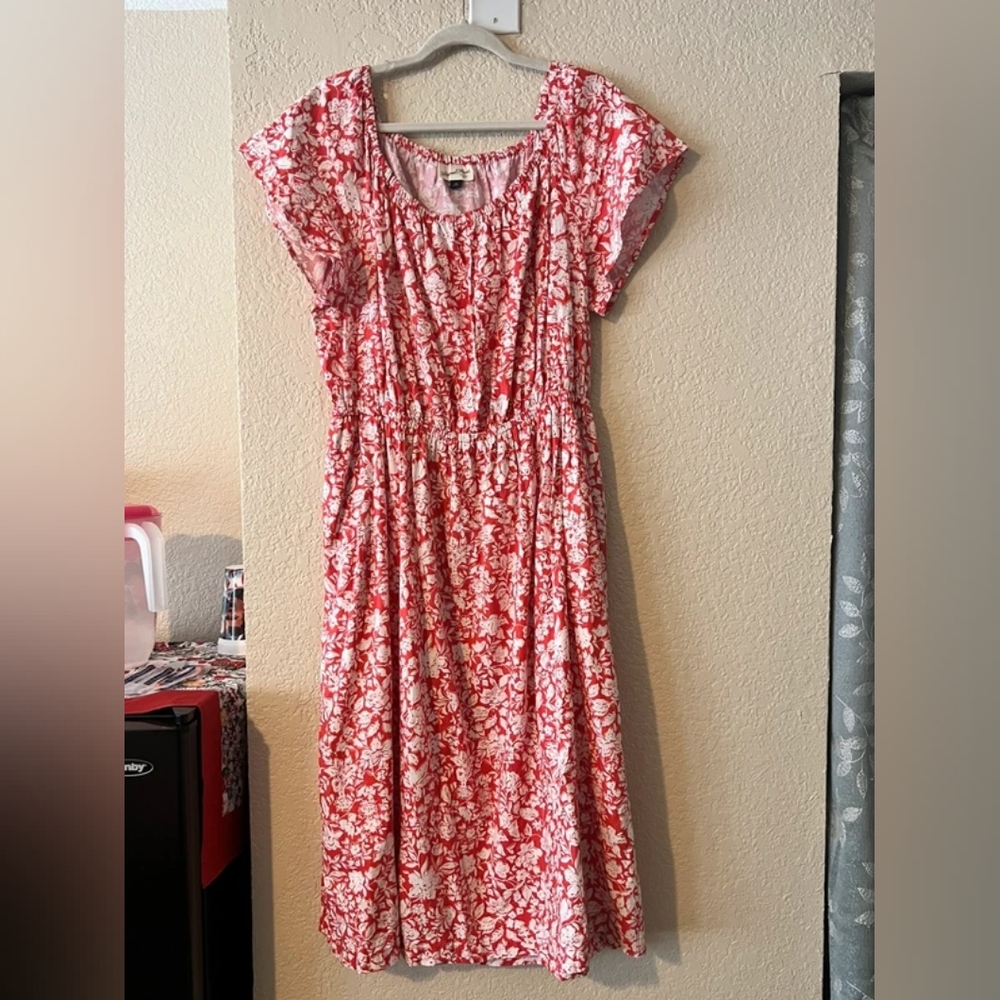 Women's Red Floral Midi Dress with Cap Sleeves